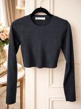 Zara Black Cropped Knit Top | Elegant Minimal Long Sleeve